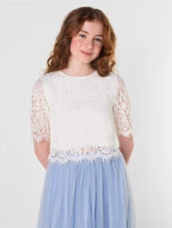 Girls White Eyelash Lace Top - Amelie