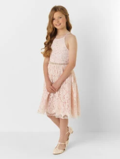 Girls Blush Eloquence Dress With Pink Belt