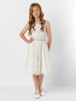 Girls Ivory Eloquence Dress With White Belt