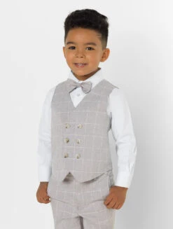 Boys Checked Light Grey Waistcoat Suit