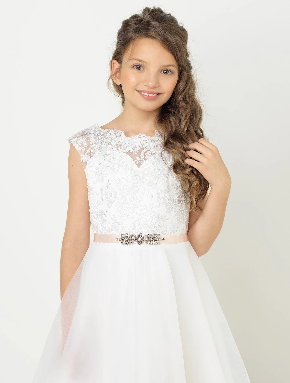Girls Ivory Dress & Diamond Belt 4 Girls Ivory Dress & Diamond Belt - Image 2