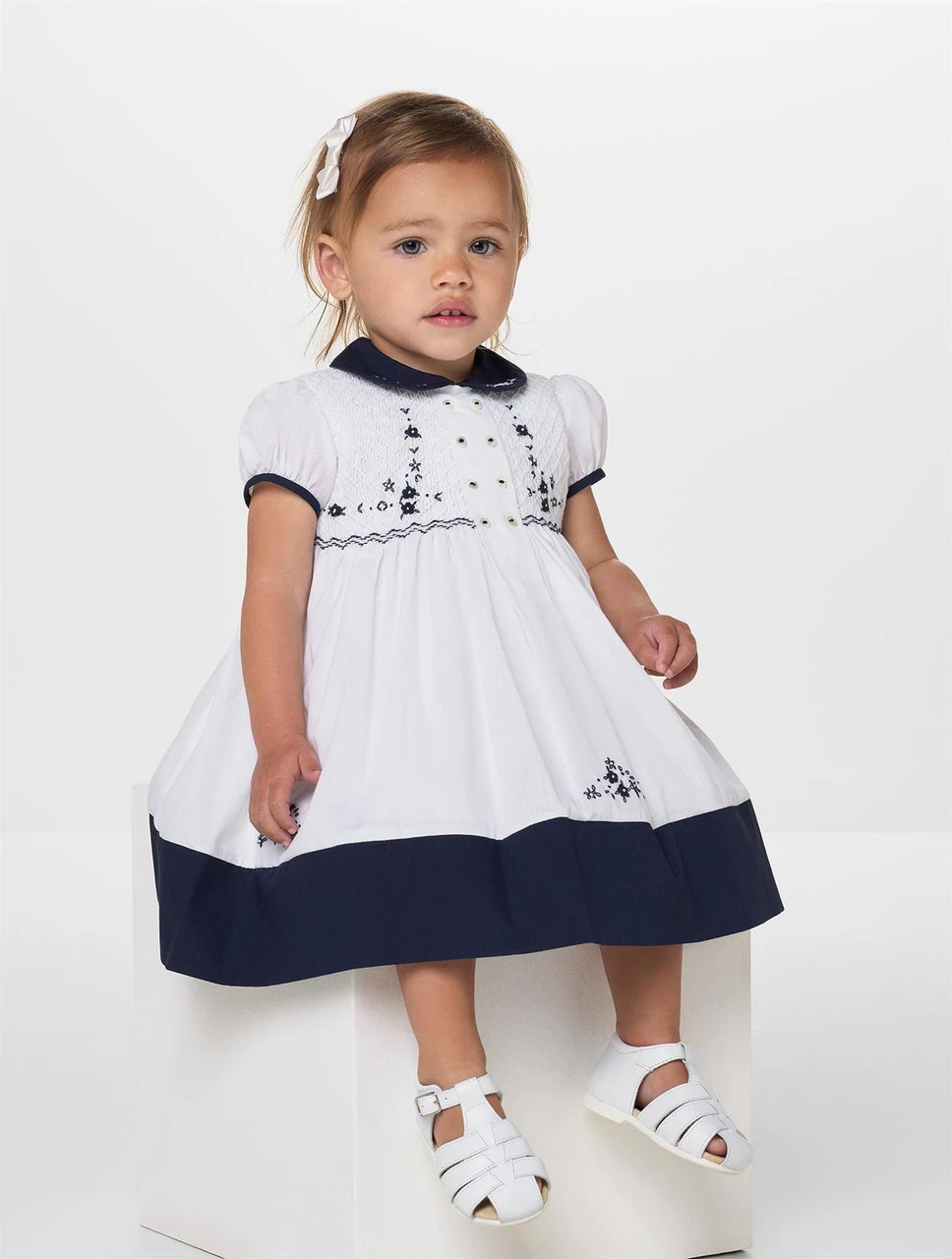 Sarah Louise Girls White & Navy Dress - Jenny 2 Sarah Louise Girls White & Navy Dress - Jenny