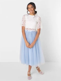 Girls White Top & Dusky Blue Maxi Skirt Set