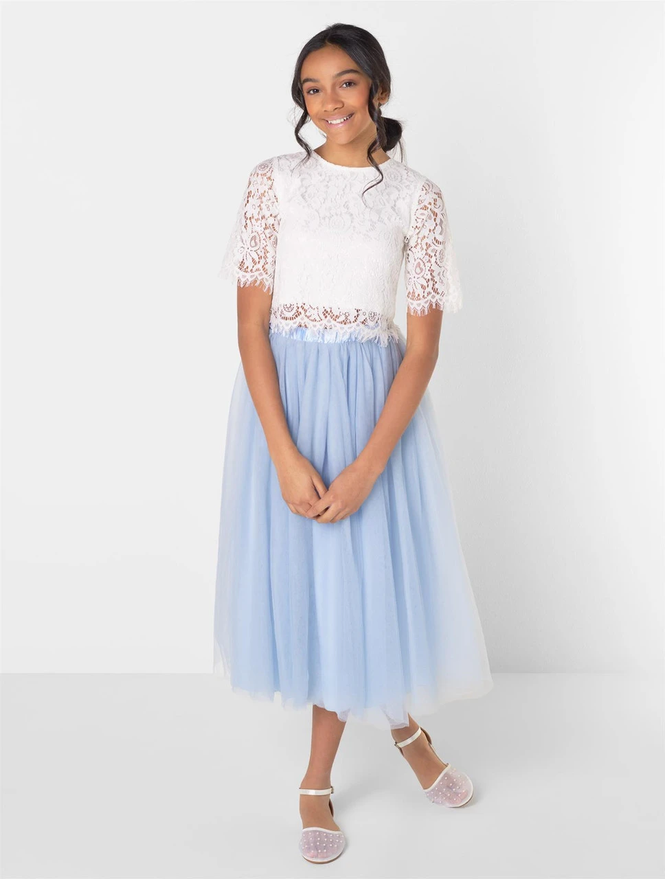 Girls White Top & Dusky Blue Maxi Skirt Set 3 Girls White Top & Dusky Blue Maxi Skirt Set