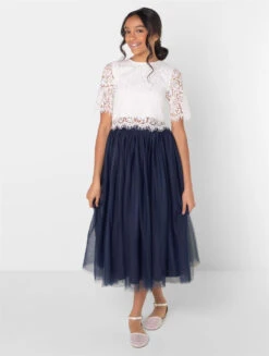 Girls White Top & Classic Navy Maxi Skirt Set