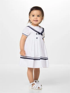 Sarah Louise Girls White & Navy Dress - Summer