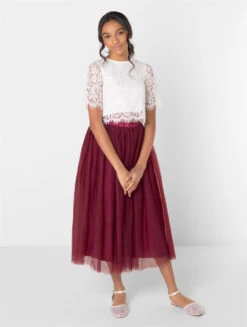 Girls White Top & Wine Maxi Skirt Set