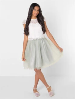 Girls White Top & Sage Tutu Skirt Set - Frances