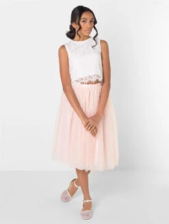 Girls Two-piece White & Blush Pink Midi Dress