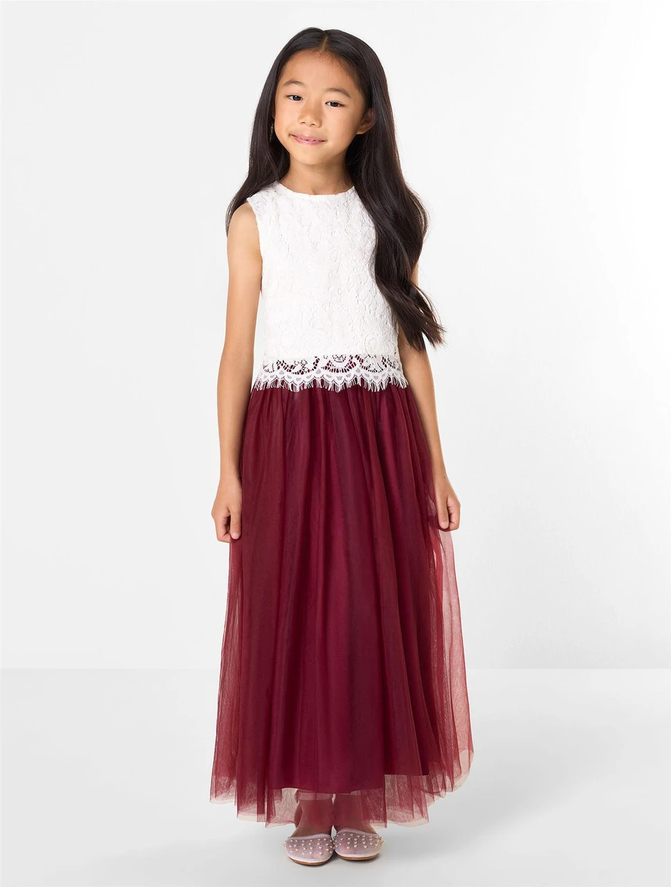 Girls Two-piece White & Wine Maxi Dress 3 Girls Two-piece White & Wine Maxi Dress