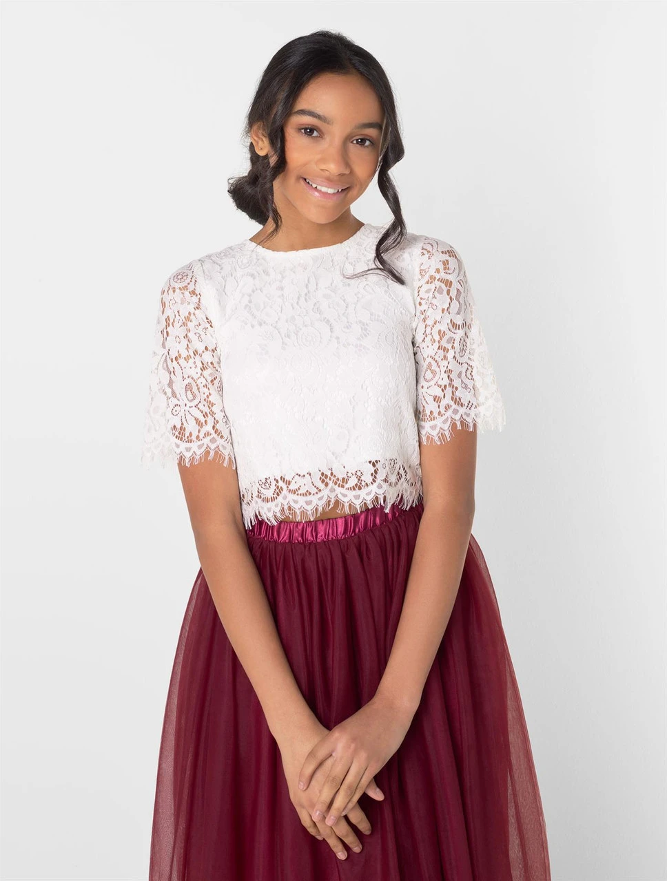 Girls White Top & Wine Maxi Skirt Set 4 Girls White Top & Wine Maxi Skirt Set - Image 2