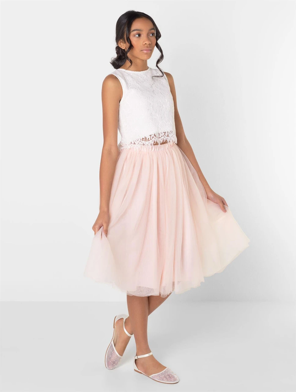 Girls Two-piece White & Blush Pink Midi Dress 6 Girls Two-piece White & Blush Pink Midi Dress - Image 4