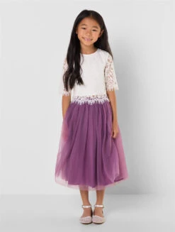 Girls White Top & Dusky Quartz Midi Skirt Set