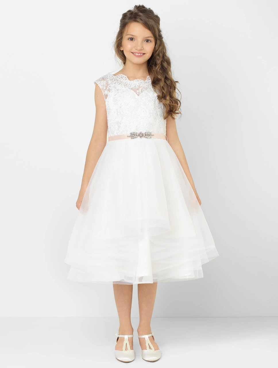 Girls Ivory Dress & Diamond Belt 3 Girls Ivory Dress & Diamond Belt