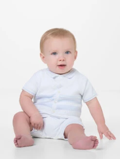 Sarah Louise Baby Boys White & Blue Knitted Babygrow