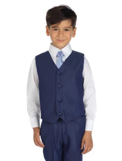 Boys Blue Waistcoat Suit With White Shirt & Blue Tie